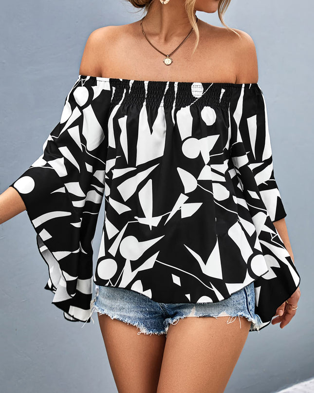 Printed Off-Shoulder Bell Sleeve Blouse
