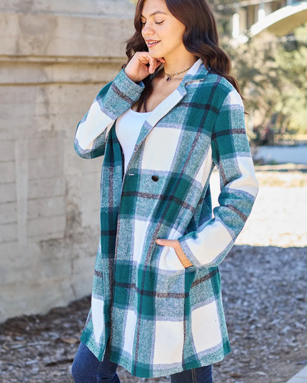 Double Take Full Size Plaid Button Up Lapel Collar Coat