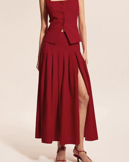 Square Neck Tank and Pleated Slit Skirt Set