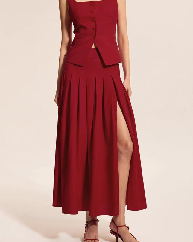 Square Neck Tank and Pleated Slit Skirt Set