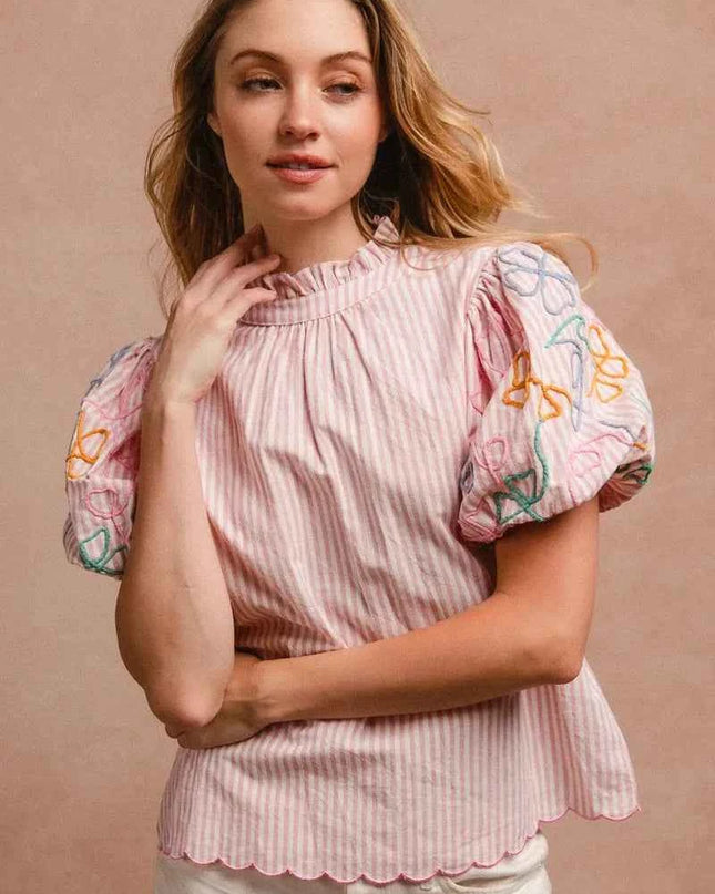 BiBi Embroidery Bubble Sleeve Top With Bottom Scallop Detail