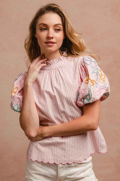 BiBi Embroidery Bubble Sleeve Top With Bottom Scallop Detail