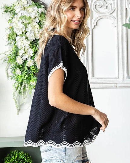 First Love Full Size Contrast Wavy Crochet Drop Shoulder Knit Top