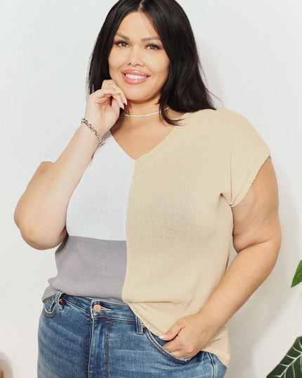 Color Block V-Neck Knit Top