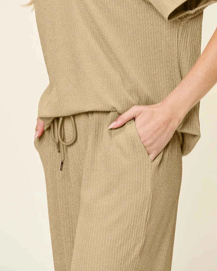 Double Take Full Size Texture Round Neck Short Sleeve T-Shirt and Wide Leg Pants