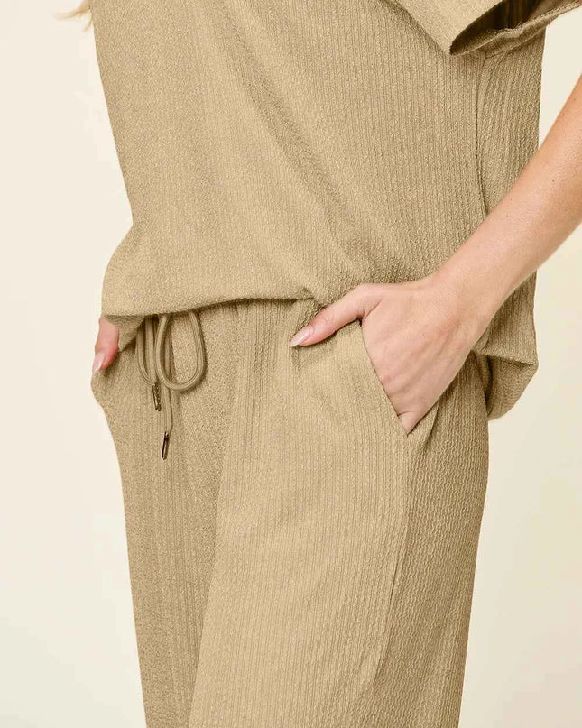 Double Take Full Size Texture Round Neck Short Sleeve T-Shirt and Wide Leg Pants