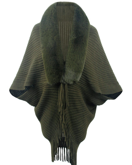 Fringe Detail Long Sleeve Ribbed Poncho Army Green One Size