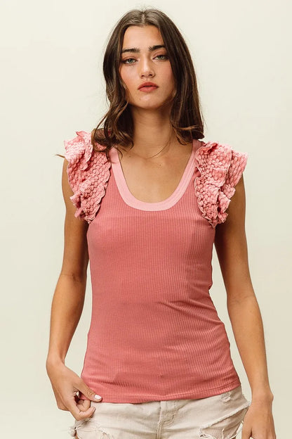 BiBi Rib Knit With Textured Ruffled Top