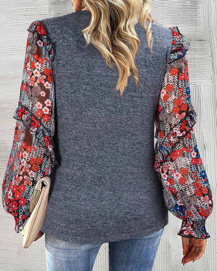 Heathered Floral Frill Lantern Sleeve Blouse