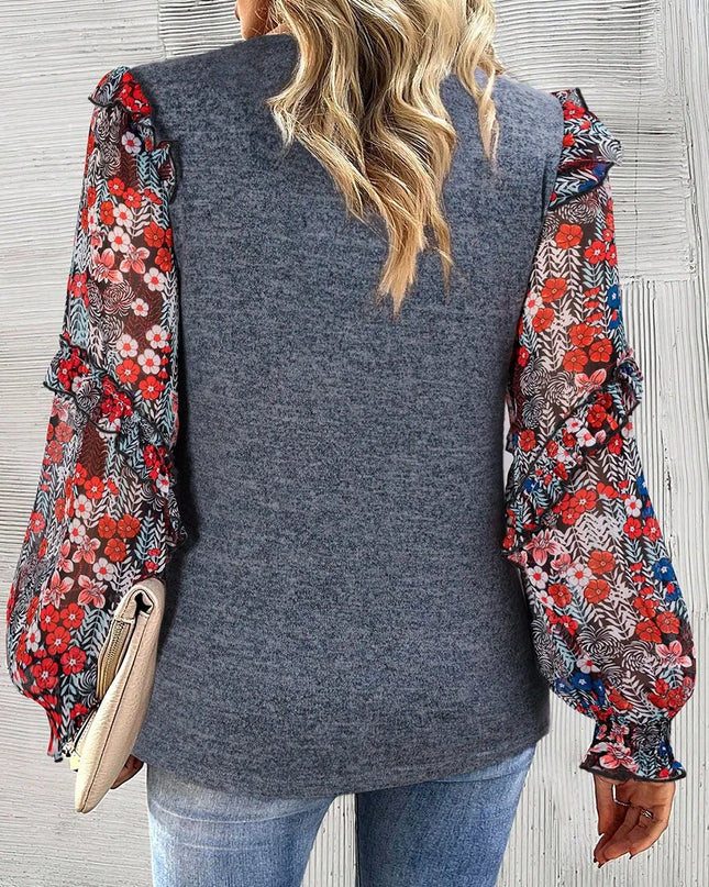 Heathered Floral Frill Lantern Sleeve Blouse