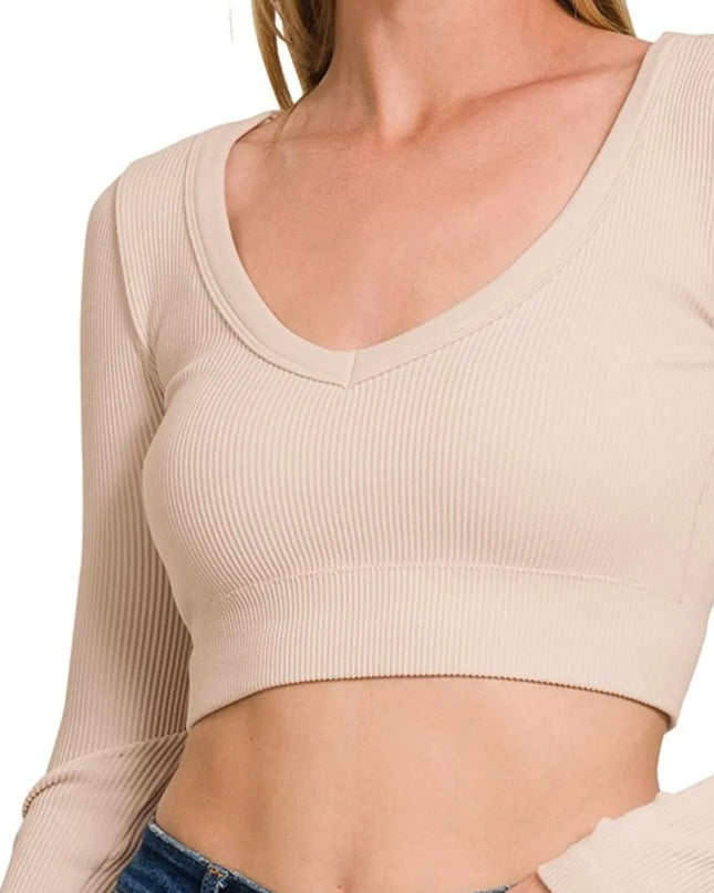 Zenana Seamless Fitted Rib V-neck Long Sleeve Crop Top 