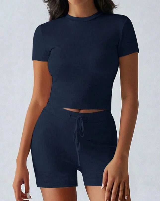 Round Neck Short Sleeve Top and Shorts Set