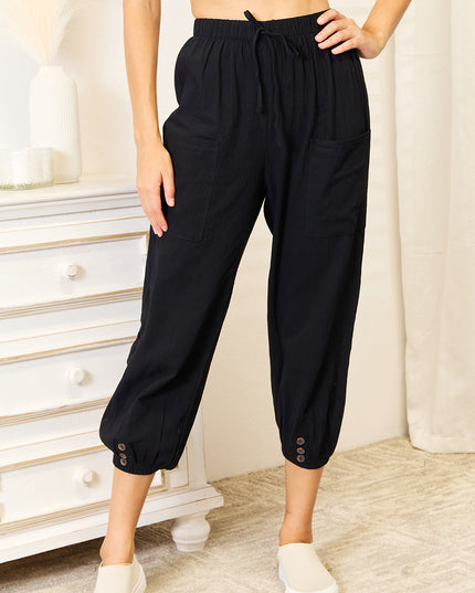 Shiny Decorative Button Cropped Pants