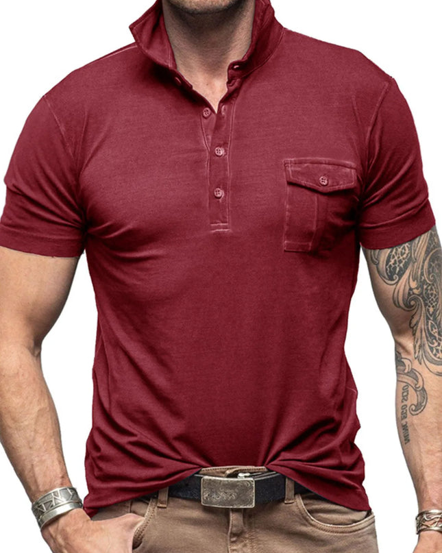 Men's Classic Pocket Polo Shirt with Stand Collar Burgundy