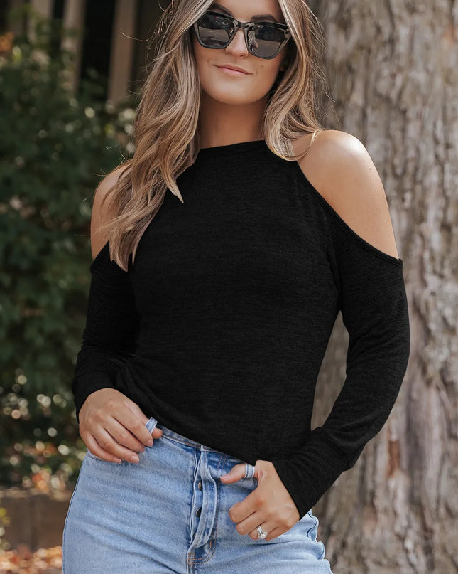Round Neck Cold Shoulder Long Sleeve Top Black
