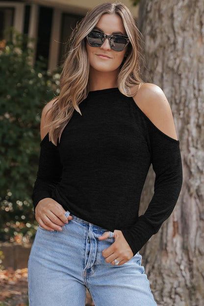 Round Neck Cold Shoulder Long Sleeve Top Black