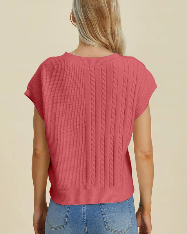 Double Take Full Size Cable-Knit Round Neck Short Sleeve Sweater