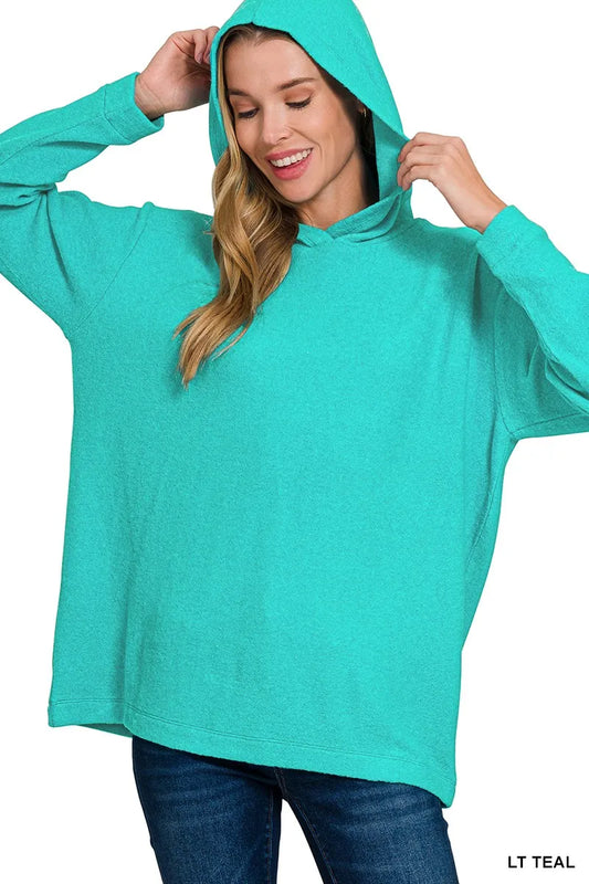 Zenana Hooded Brushed Melange Hacci Sweater LT TEAL