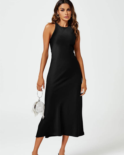 Slim-Fit Satin Midi Dress in Black XL