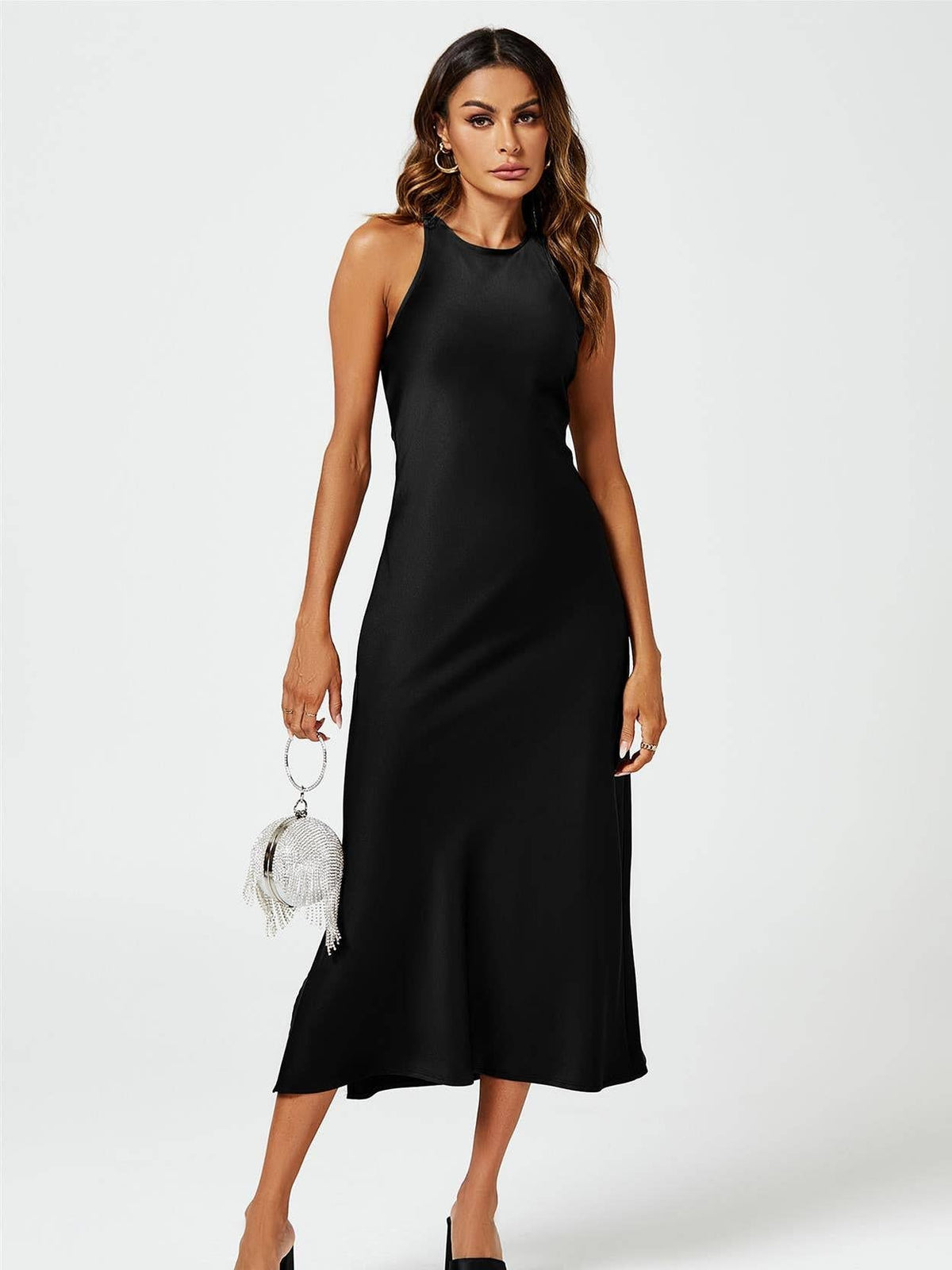 Slim-Fit Satin Midi Dress in Black XL