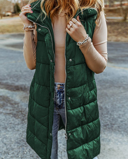 Longline Hooded Sleeveless Puffer Vest Green