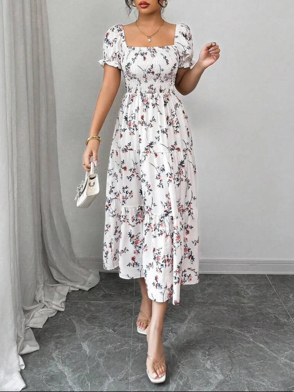 Floral Print Square Neck Puff Sleeve Midi Dress