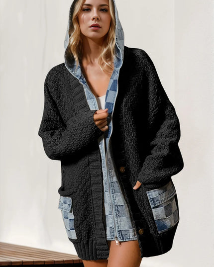 Double Take Full Size Hooded Denim Spliced Sweater Cardigan Black