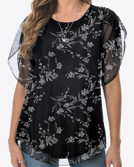 Printed Round Neck Curved Hem Blouse Black Floral