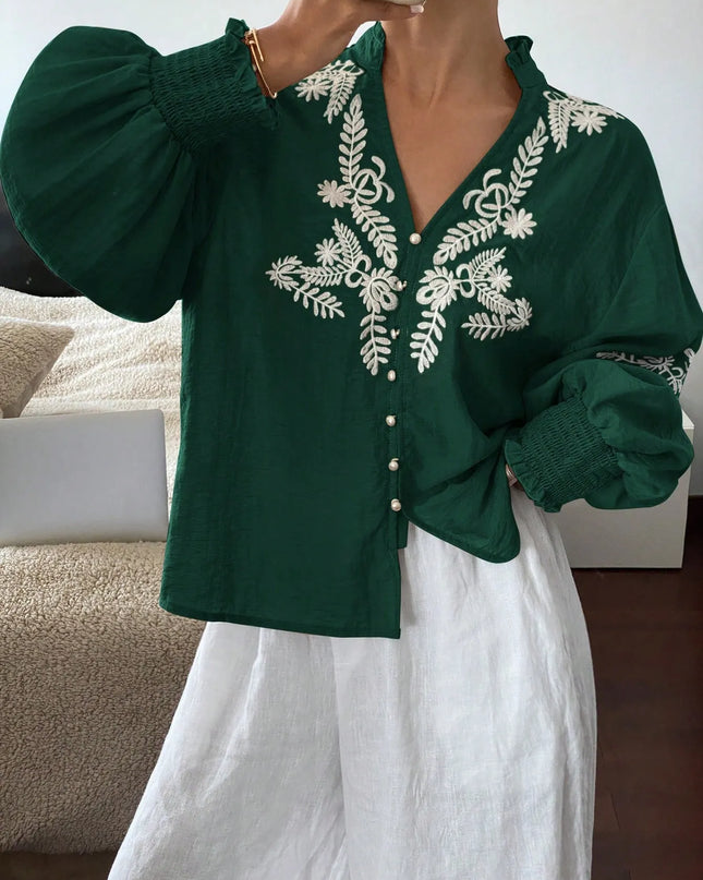 Embroidered Lantern Sleeve Blouse Dark Green