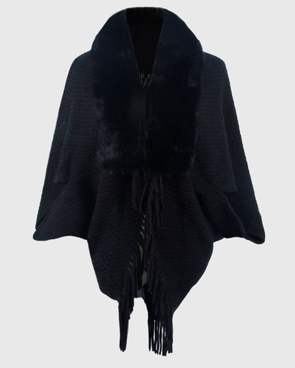 Open Front Fringe Hem Poncho Black One Size