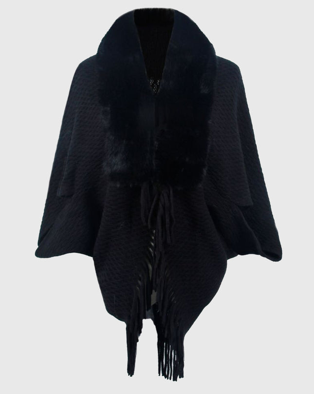 Open Front Fringe Hem Poncho Black One Size
