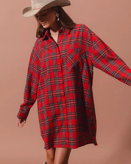 SO ME Christmas Checker Plaid Button Up Shirt Dress