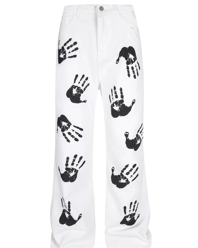 Men's Handprint Pattern Jeans White