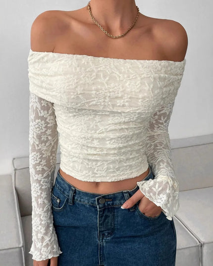 Off Shoulder Long Sleeve Lace Top Off-white