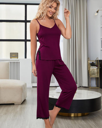V-Neck Lace Trim Slit Cami and Pants Pajama Set