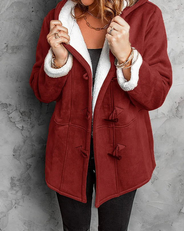 Full Size Cozy Sherpa Lined Toggle Coat with Hood Plus Size Burgundy