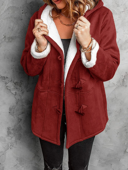 Full Size Cozy Sherpa Lined Toggle Coat with Hood Plus Size Burgundy