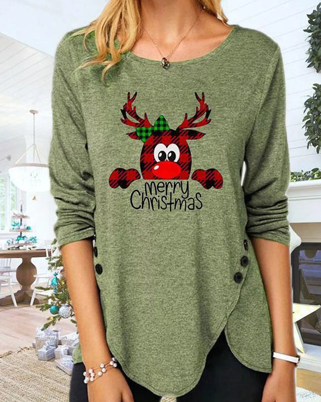 Full Size Reindeer Round Neck Long Sleeve T-Shirt Matcha Green