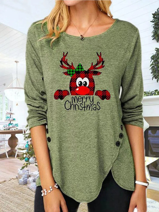 Full Size Reindeer Round Neck Long Sleeve T-Shirt Matcha Green