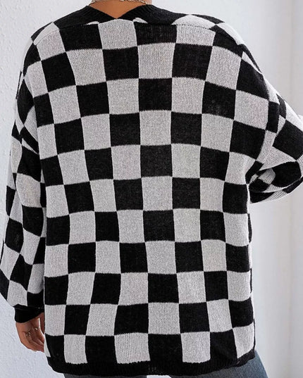 Checkerboard Pattern Open Front Knit Cardigan