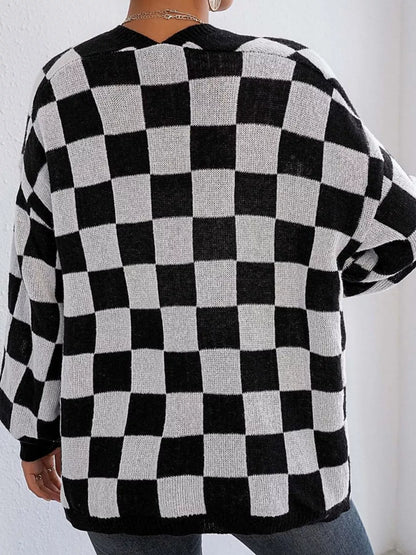 Checkerboard Pattern Open Front Knit Cardigan