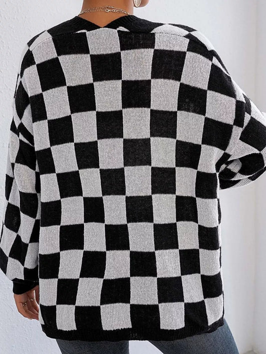 Checkerboard Pattern Open Front Knit Cardigan