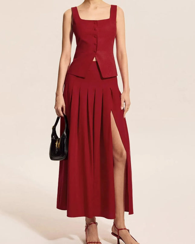 Square Neck Tank and Pleated Slit Skirt Set Burgundy