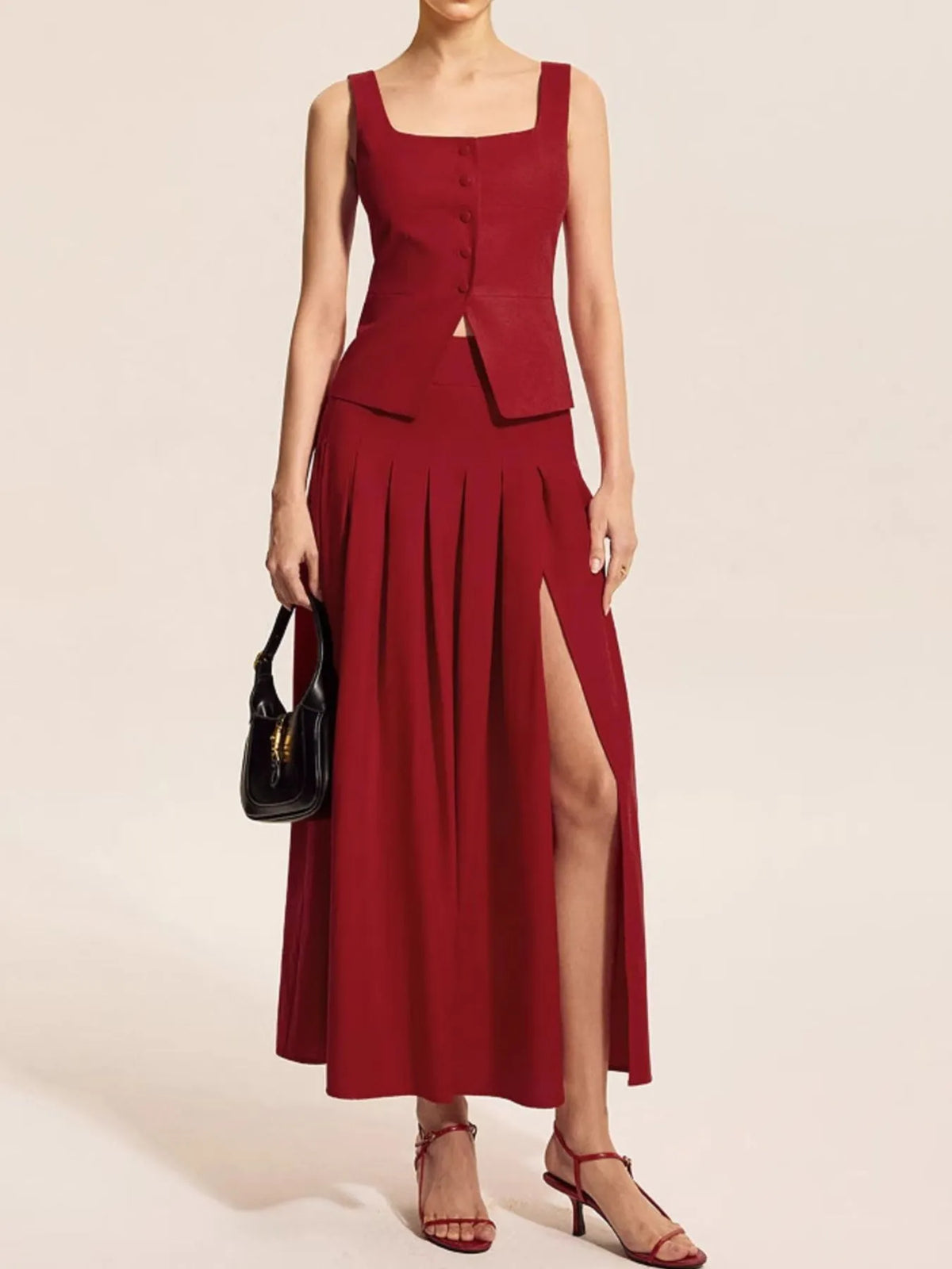 Square Neck Tank and Pleated Slit Skirt Set Burgundy
