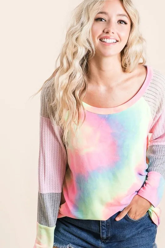 BiBi Tie Dye Terry Top with Color Block Pointelle Knit