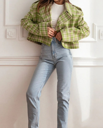 Lapel Collar Plaid Cropped Jacket