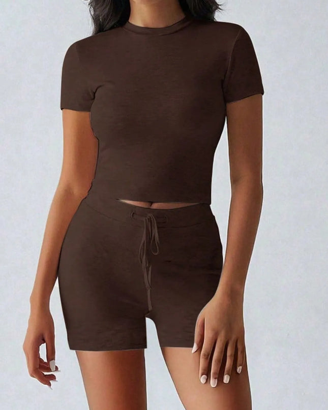 Round Neck Short Sleeve Top and Shorts Set Brown
