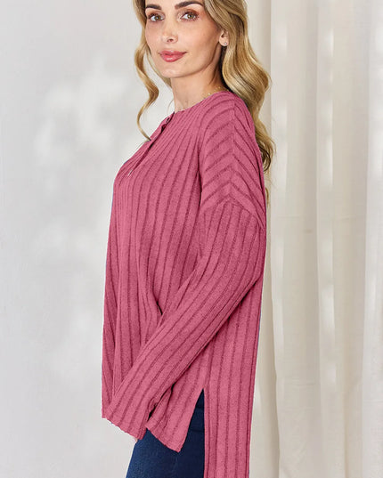 Basic Bae Full Size Ribbed Half Button Long Sleeve High-Low T-Shirt