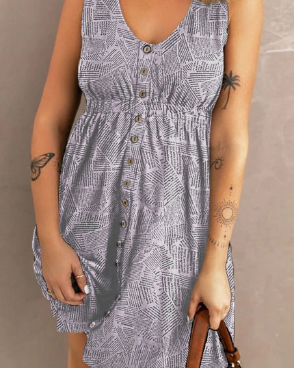 Double Take Printed Scoop Neck Sleeveless Buttoned Magic Dress with Pockets