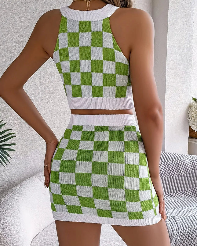 Checkered Grecian Neck Cami and Skirt Sweater Set